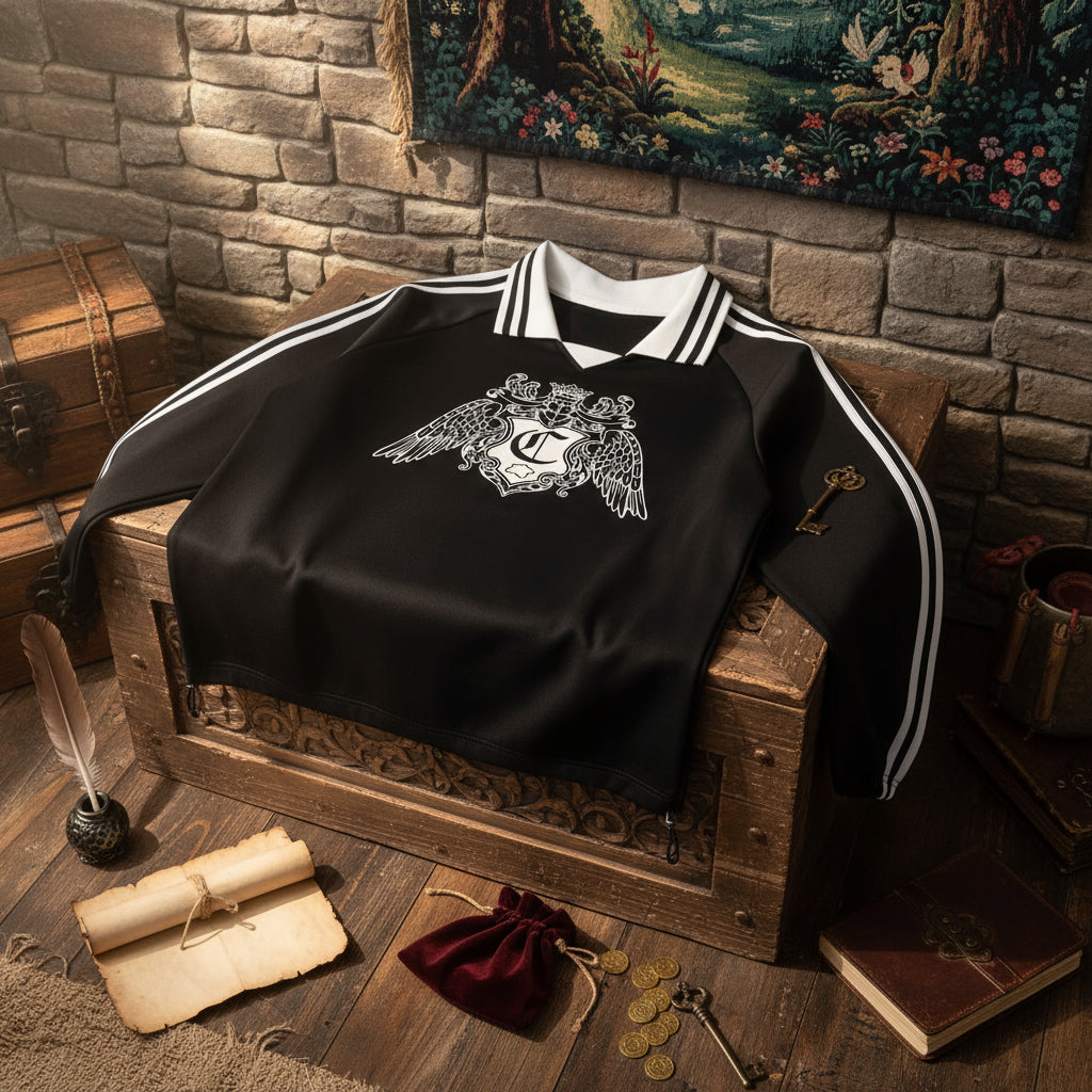 Sweat noir streetwear à col polo avec bandes blanches et blason médiéval, posé sur un coffre en bois ancien, entouré d’accessoires vintage comme parchemin, plume, pièces d’or et clé rétro, ambiance médiévale premium pour marque indépendante de mode