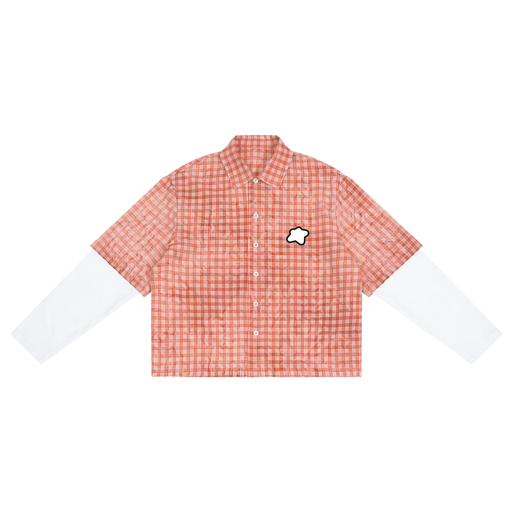 Chemise vichy tie-dye corail CLRE — manches blanches superposées loose crop unisexe streetwear vintage