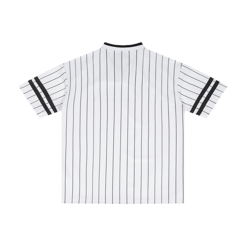 Maillot baseball CLRE porté streetwear — pinstripes écusson coq revisité kanji vintage France col V