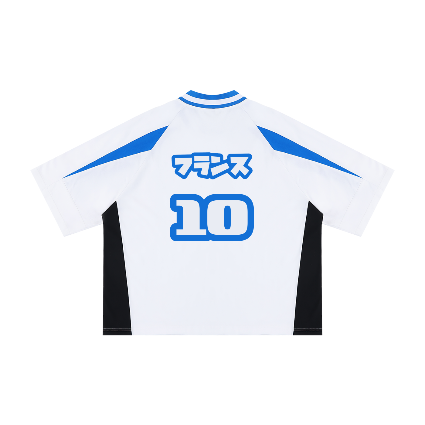 Dos du maillot France blanc et bleu style football avec design graphique CLRE
