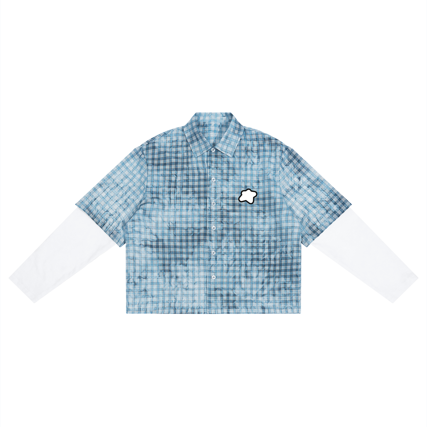Chemise vichy tie-dye bleu délavé CLRE — manches blanches superposées loose crop unisexe streetwear vintage