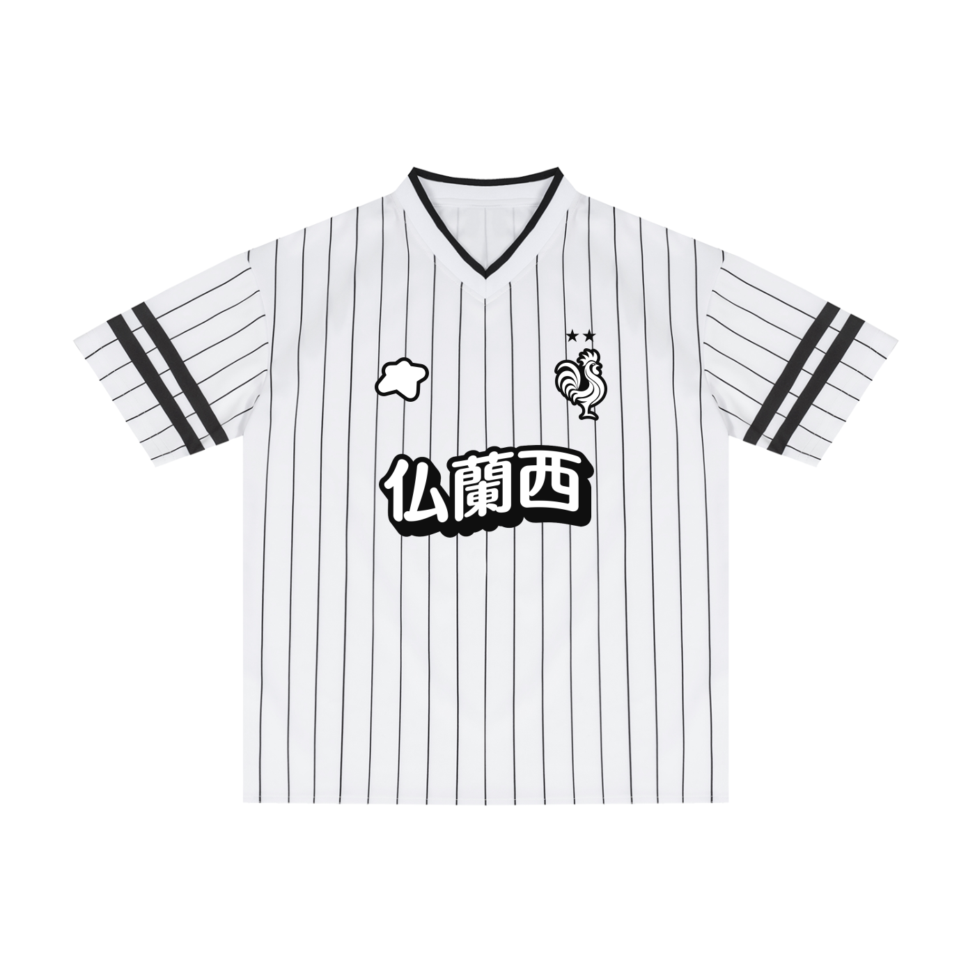 Maillot baseball blanc rayé style France vintage streetwear unisexe CLRE — pinstripe kanji 仏蘭西 Drop.004 Asian Summer