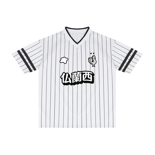 Maillot baseball blanc rayé style France vintage streetwear unisexe CLRE — pinstripe kanji 仏蘭西 Drop.004 Asian Summer