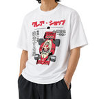 T-shirt blanc CLRE graphic voiture course manga vintage — illustration japonaise pilote F1 streetwear boxy loose