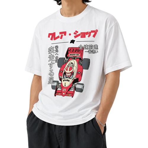 T-shirt blanc CLRE graphic voiture course manga vintage — illustration japonaise pilote F1 streetwear boxy loose