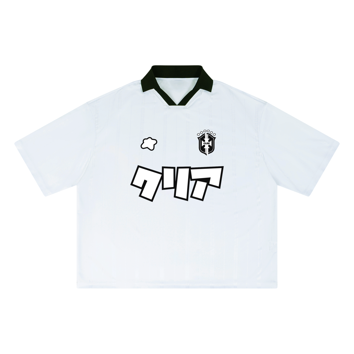 Jersey blanc style Brésil streetwear unisexe CLRE — maillot home footballcore col noir katakana Drop.004 Asian Summer
