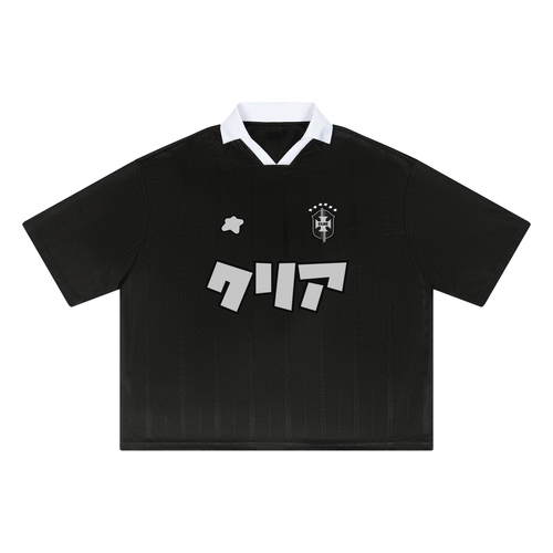 Jersey noir style Brésil streetwear unisexe CLRE — maillot footballcore col blanc katakana Drop.004 Asian Summer
