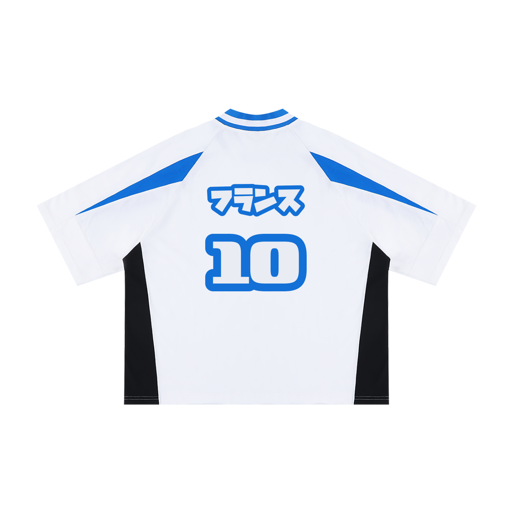 Dos du maillot France blanc et bleu style football avec design graphique CLRE