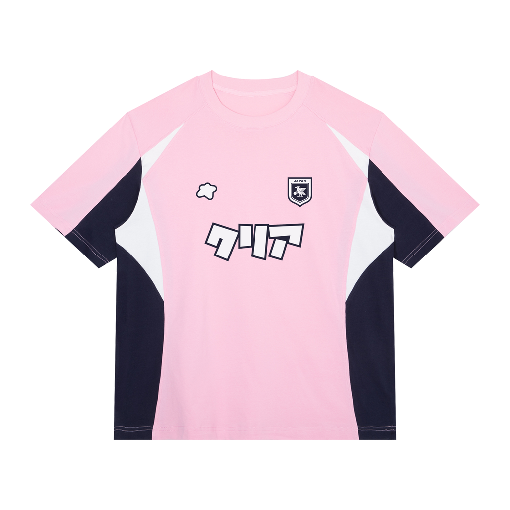 Maillot Japon rose style football streetwear CLRE avec détails bleu marine et blancs vue de face