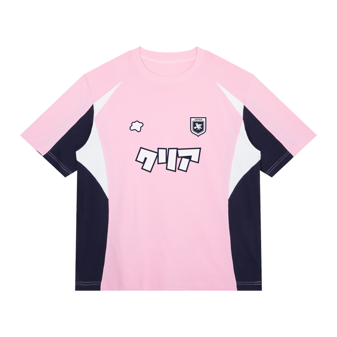 Maillot Japon rose style football streetwear CLRE avec détails bleu marine et blancs vue de face