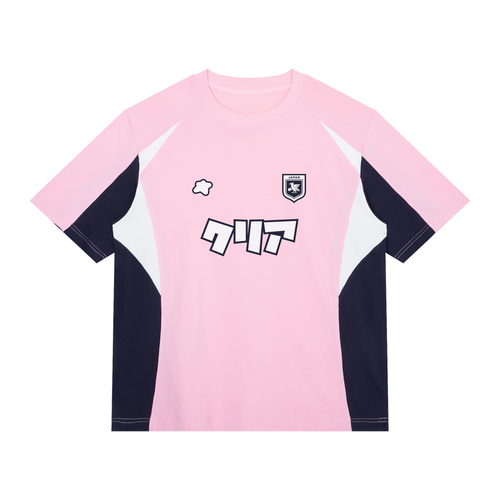 Maillot Japon rose style football streetwear CLRE avec détails bleu marine et blancs vue de face