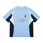 Maillot Japon bleu ciel style football streetwear CLRE avec détails bleu marine et blancs vue de face