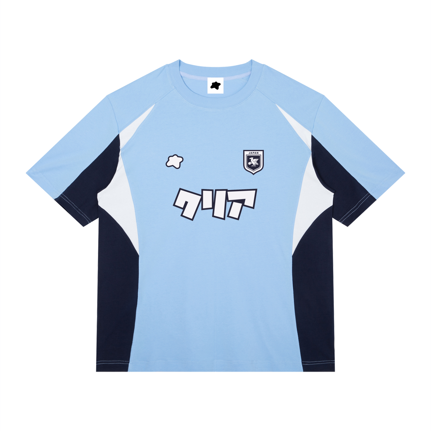 Maillot Japon bleu ciel style football streetwear CLRE avec détails bleu marine et blancs vue de face