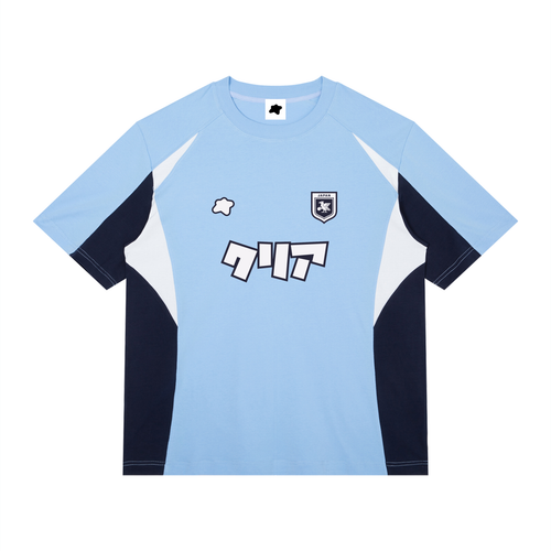 Maillot Japon bleu ciel style football streetwear CLRE avec détails bleu marine et blancs vue de face