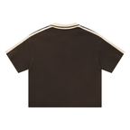 Maillot marron CLRE porté streetwear — écusson coq revisité katakana France footballcore col V bicolore