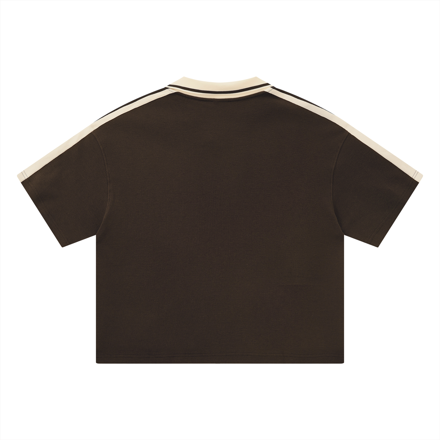 Maillot marron CLRE porté streetwear — écusson coq revisité katakana France footballcore col V bicolore