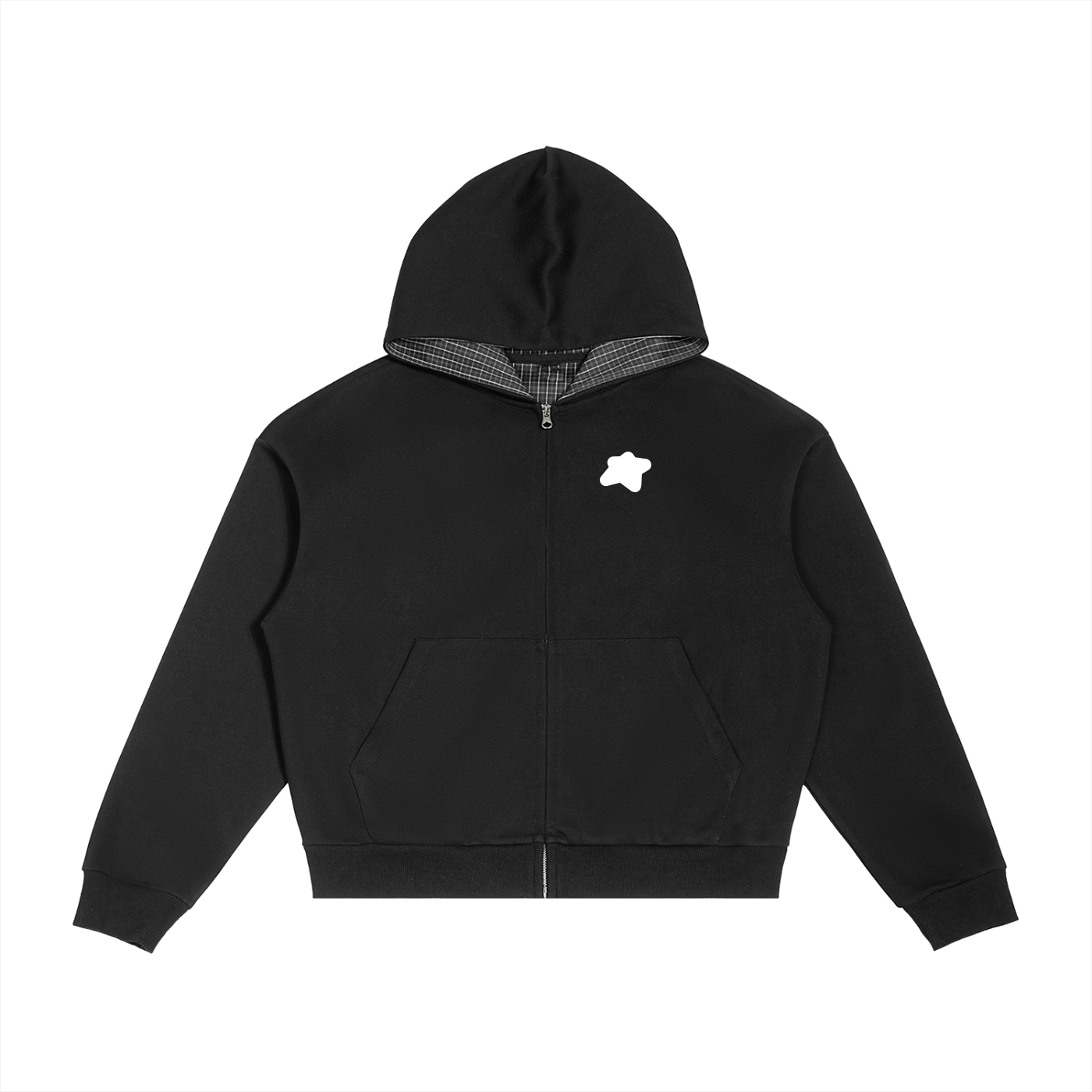 Sweat à capuche zippé contrasté à carreaux Noir - Basic