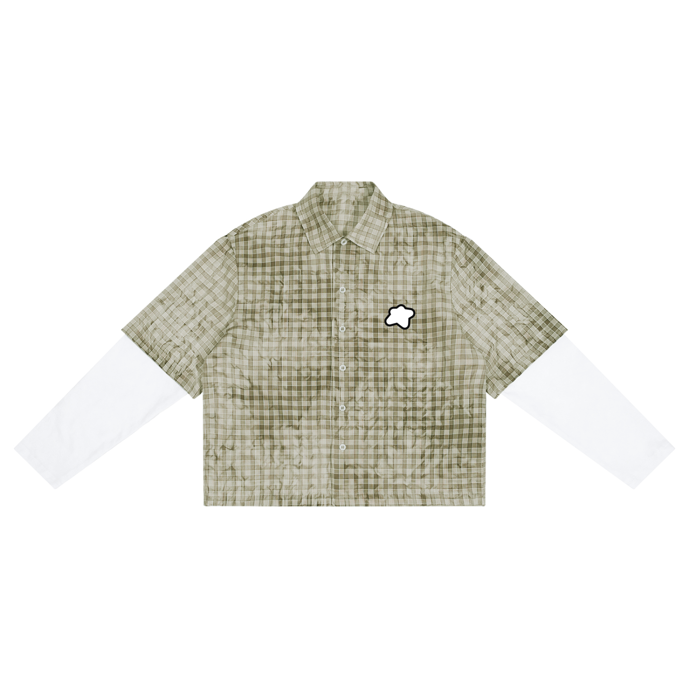 Chemise vichy tie-dye kaki olive CLRE — manches blanches superposées loose crop unisexe streetwear vintage