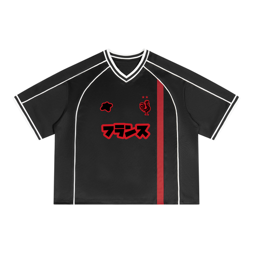 Maillot noir style France streetwear unisexe CLRE — footballcore col V katakana Drop.004 Asian Summer