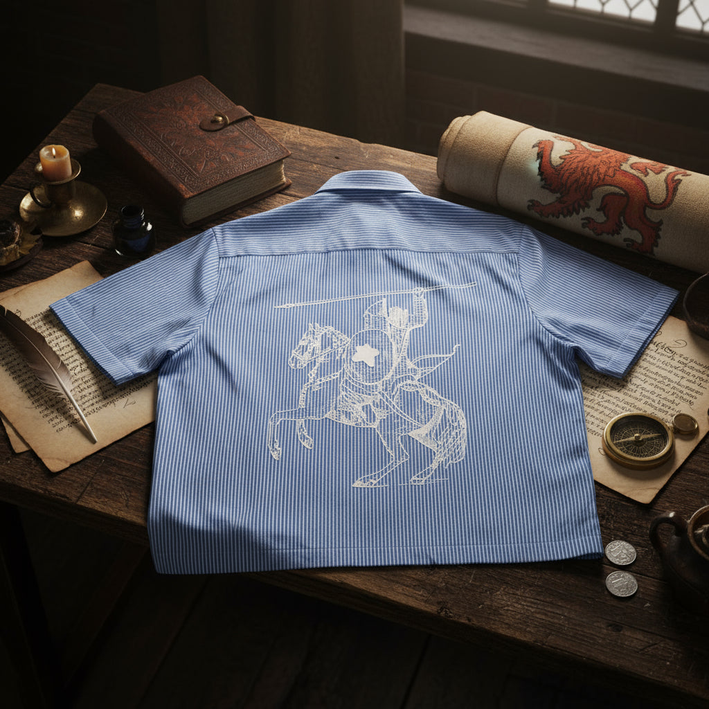 Chemise bleue à fines rayures avec illustration chevalier médiéval sur cheval brandissant une lance, posée sur une table en bois avec manuscrits anciens, plume, boussole et parchemin, style médiéval premium pour marque indépendante de mode streetwear