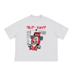 T-shirt blanc CLRE graphic voiture course manga vintage — illustration japonaise pilote F1 streetwear boxy loose