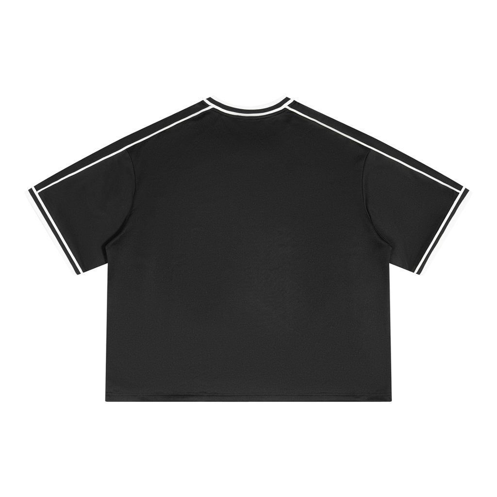 Maillot noir CLRE porté streetwear — écusson coq revisité katakana France footballcore bande rouge