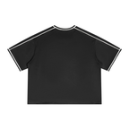 Maillot noir CLRE porté streetwear — écusson coq revisité katakana France footballcore bande rouge